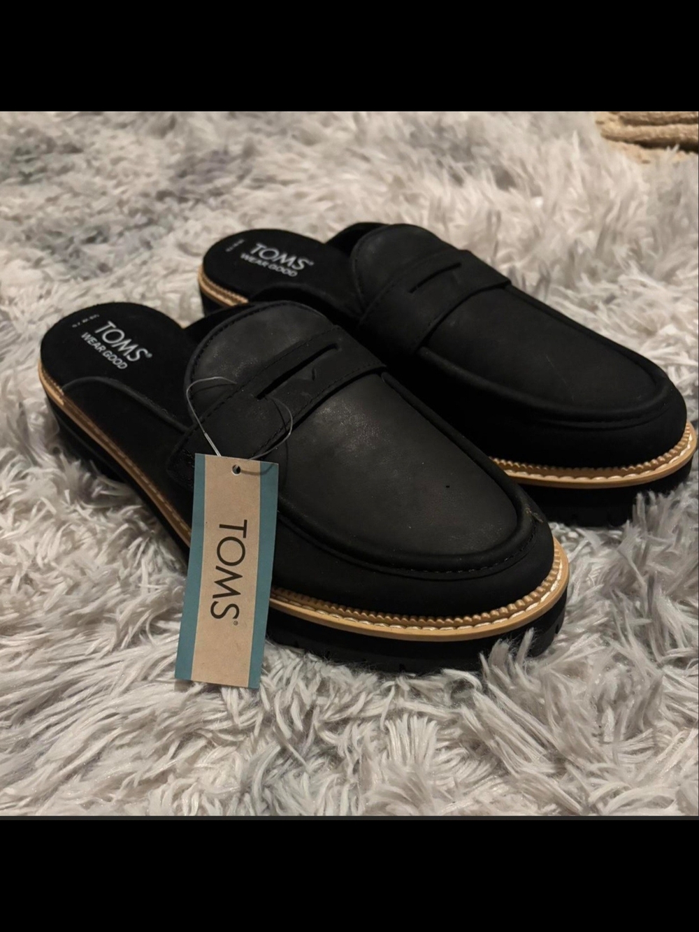 NWT TOMS Black Slip-On Penny Loafer Mule with Tan Trim - Picture 8 of 8